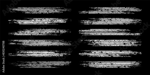 Grunge tire tracks, wheel braking marks. Truck, car or motorcycle tread pattern silhouettes. Auto race, motorsport, speed racing design element. Vector illustration