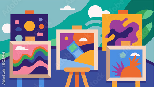A proud display of abstract paintings created by local teens during a contemporary art workshop.. Vector illustration
