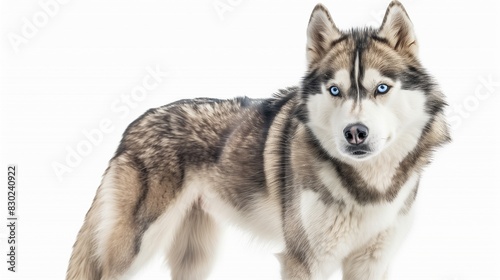 A striking Siberian husky with piercing blue eyes and a thick fur coat  standing alert  isolated on solid white background 