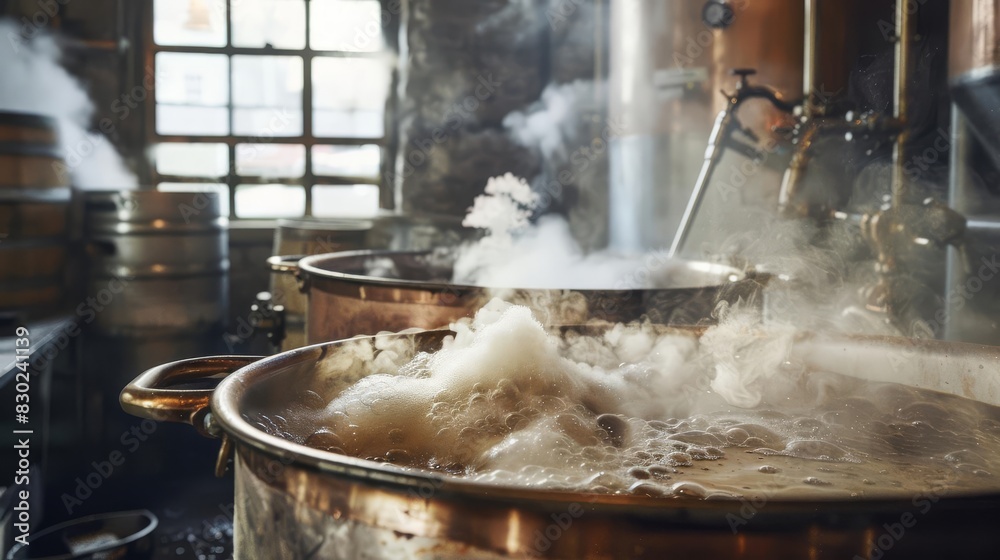 brewing vessels in action steam rising from boiling wort and hops being added real photo brewing vessels in action steam rising from boiling wort and hops being added real photo