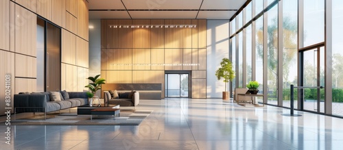 Modern glass wall commercial buildings guest waiting area. Realistic 3d rendering
