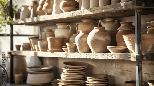 Various handmade ceramic pots and vases on wooden shelves. Studio pottery display for design and print