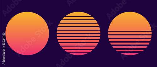 Retro sunset above the sea or ocean with sun and water silhouette. Vintage styled summer logo or icon design isolated on white background.