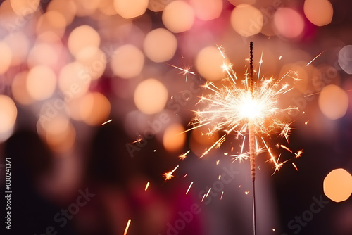 Burning sparkler in front of bokeh lights and copy space