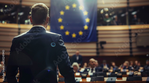 A man stands in front of a large flag with stars on it