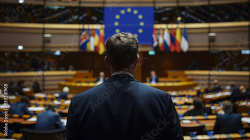 man stands in a large auditorium with a flag behind him