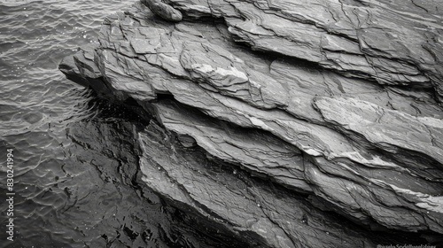  A black-and-white image of a rock formation overhanging a body of water Waves ascend the side, while the water beneath remains dark photo