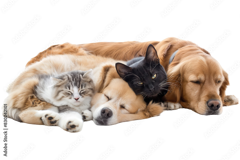 Fototapeta premium cats and dog sleep together isolate on background