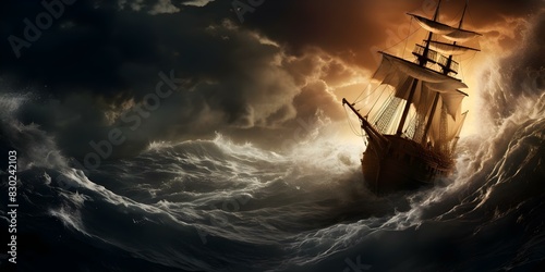 A ship in distress finds hope as a symbol of resilience in the storm. Concept Hope, Resilience, Ship in Distress, Storm, Symbol