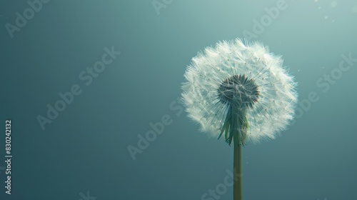  Close-up of a dandelion against a blue backdrop Sunlight filters through its leaves  casting rays to one side