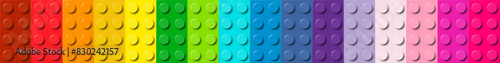 Many plastic building toy blocks banner. Background of bricks in different colors. Close-up of a colorful bricks viewed from above. Abstract vector background illustration