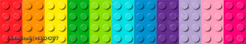 Background of bricks in different colors. Many plastic building toy blocks banner. Close-up of a colorful bricks viewed from above. Abstract vector background illustration