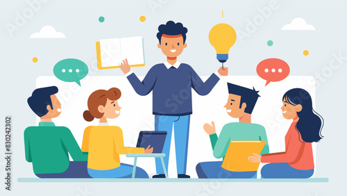 A student presents a project idea to a panel of his peers and receives constructive feedback as part of a workshop on entrepreneurial leadership.. Vector illustration