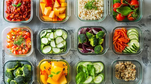 colorful assortment of prepped healthy meals in glass containers for the week photo