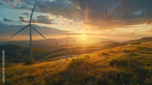 Wind Turbines Bask in the Glow of a Conscious Sunset on a Grassy Hill