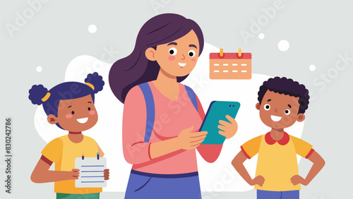 A mother checking her phone for school emails while her children excitedly inform her of their upcoming field trip to the zoo which she quickly jots down on the calendar.. Vector illustration