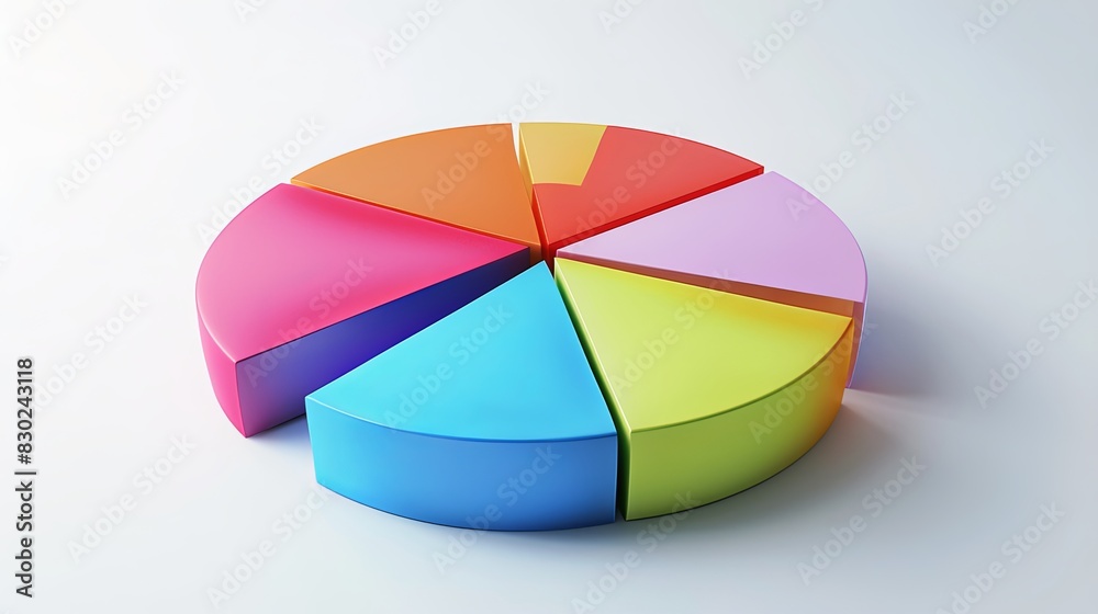 3D colorful pie chart with seven segments on a light background. Data ...