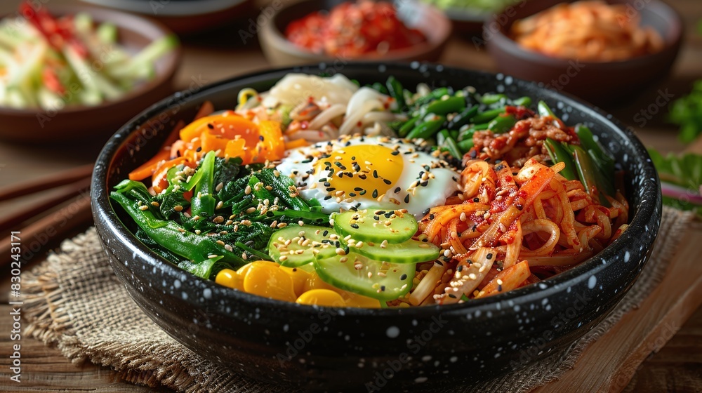 Fresh Bibimbap with Vibrant Vegetables in a Dolsot Bowl, Korean Mixed Rice Dish, Perfect for Restaurant Menus and Food Blogs Fresh Bibimbap with Vibrant Vegetables in a Dolsot Bowl, Korean Mixed Rice Dish, Perfect for Restaurant Menus and Food Blogs