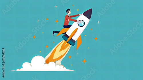 Person riding a rocket with stars in the background. Flat illustration. Space exploration and startup concept