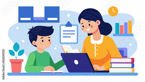 In a virtual tutoring session a high school student helps a younger student navigate through a digital reading program and gives tips for improving their reading speed and. Vector illustration