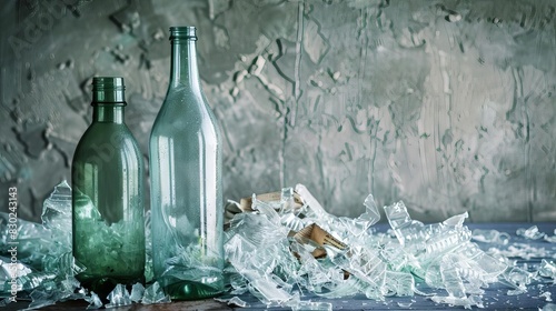 contrasting image of smashed plastic bottles and pristine glass bottle highlighting recycling digital photography photo