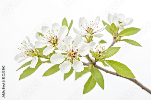 Close-up of a branch with delicate white flowers and green leaves on a white background