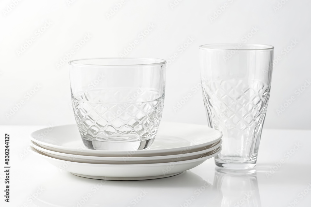 Stacked White Plates and Empty Glass Tumblers on White Surface Stacked White Plates and Empty Glass Tumblers on White Surface