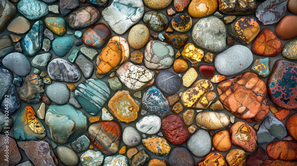A wall of rocks with a variety of colors and sizes A wall of rocks with a variety of colors and sizes