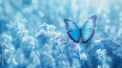  A blue butterfly atop a flower amidst a field, blue and white blooms prevailing in the foreground; background softly blurred with similar hues photo