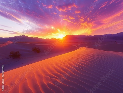 A dramatic sunset over a vast desert landscape  with vibrant hues of orange  pink  and purple painting the sky. The setting sun casts long shadows across the sand dunes  