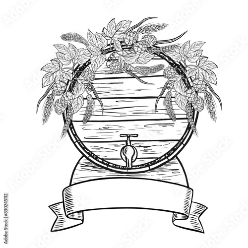 A wooden beer barrel decorated with hop branches and a ribbon label. Black and white vector illustration, hand-made in the style of engraving. Great for bar, label, poster. For printing and packaging