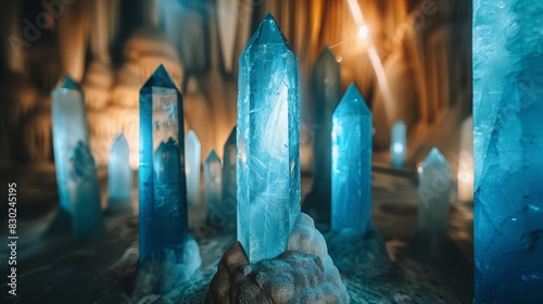  A collection of azure crystals sits atop a snow-laden mound, adjacent to a structure with illuminated sides photo