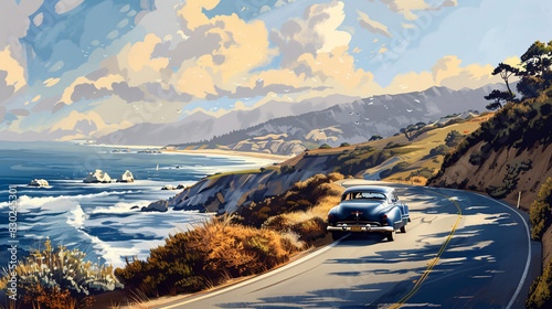 A car is driving down a road near the ocean. The ocean is in the background and the sky is cloudy