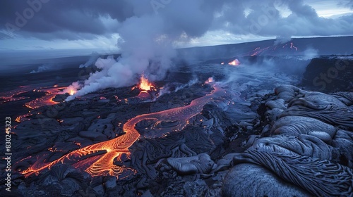 eerie calm of volcanic landscape with lava flows steam vents and bubbling mud pools landscape photography photo