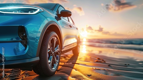 closeup, front angle, Blue compact SUV car with sport and modern design parked on concrete road by sea beach at sunset.