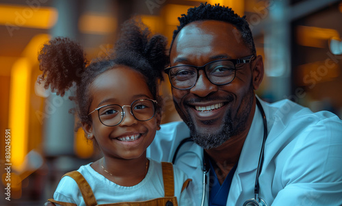 A young girl and a man are smiling at the camera. The man is wearing a white lab coat and glasses photo
