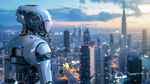 A robot stands in front of a cityscape with a futuristic look. The robot is surrounded by a city with tall buildings and lights. Scene is futuristic and technological