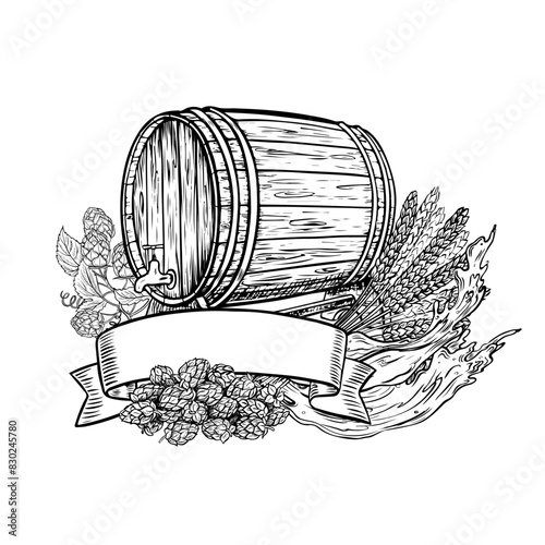 A wooden beer barrel, hops, malt and a ribbon label for the inscription. Black and white vector illustration, hand-made in the style of engraving. Great for bar menus, labels and posters, packaging.