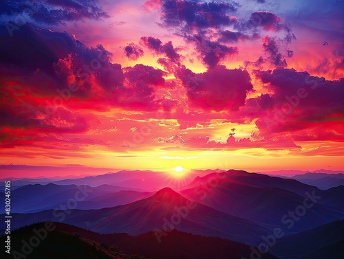 A breathtaking sunset over a mountain range  with the sky ablaze in shades of red  orange  and purple. The mountains are silhouetted against the vibrant sky 