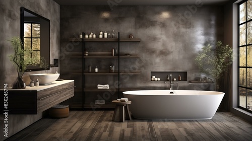 Modern Dark Wood Bathroom with Freestanding Bathtub