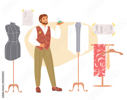 Man tailor character at work vector illustration. Fashion designer, atelier sewing suit crafting at workshop scene. Professional tailoring and dressmaking concept