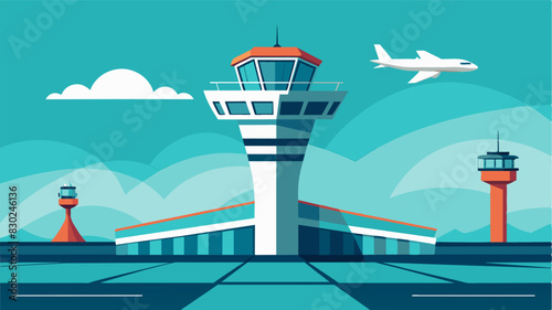 A sleek and ultramodern control tower overseeing the smooth takeoffs and landings of the air taxis on the tarmac.. Vector illustration