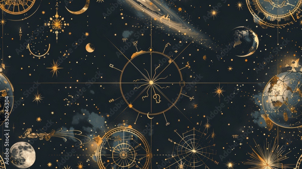 The image is a dark blue background with a golden celestial pattern. The pattern features stars, moons, planets, and other celestial bodies. The image is a dark blue background with a golden celestial pattern. The pattern features stars, moons, planets, and other celestial bodies.
