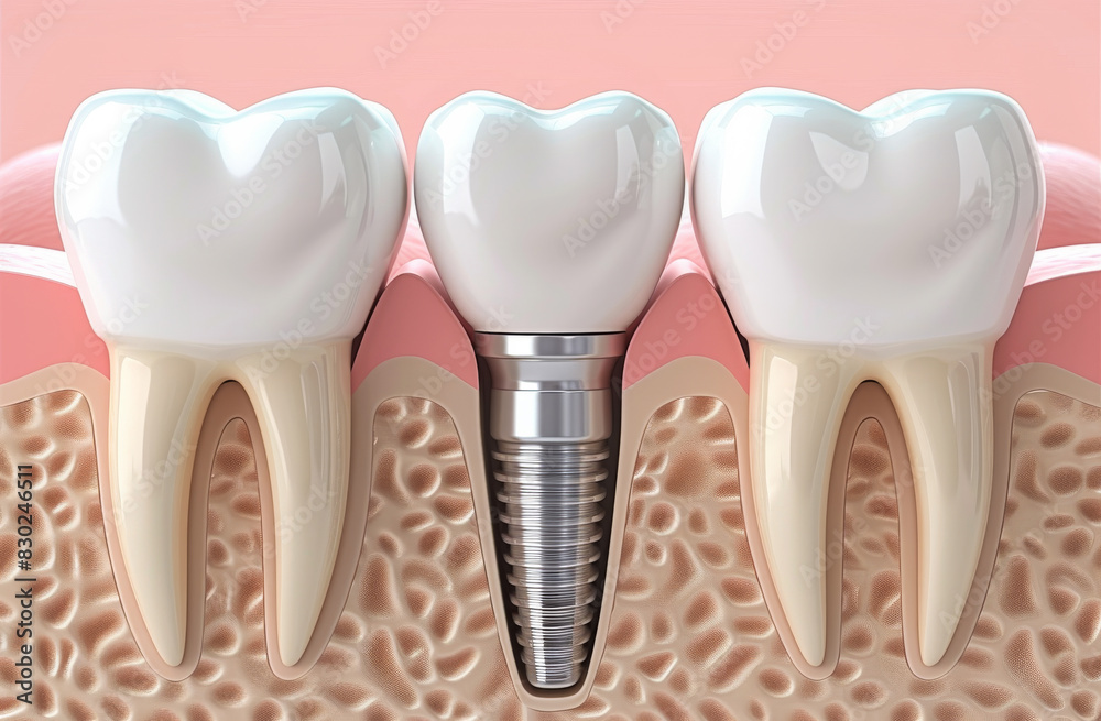 A close up of a person's teeth with a silver screw in the middle. Concept of precision and care in dental procedures A close up of a person's teeth with a silver screw in the middle. Concept of precision and care in dental procedures