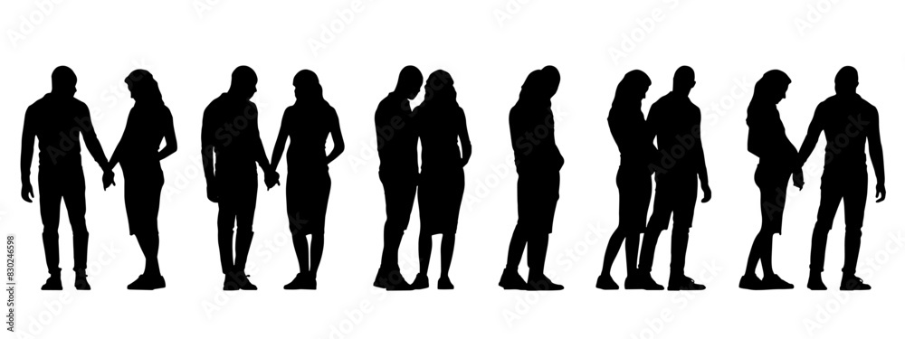 Vector concept conceptual black silhouette of a young couple expecting a baby from different perspectives isolated on white background. A metaphor for family, love, parenting, joy and lifestyle Vector concept conceptual black silhouette of a young couple expecting a baby from different perspectives isolated on white background. A metaphor for family, love, parenting, joy and lifestyle