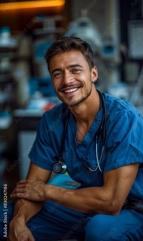 A smiling man in a blue scrubs is sitting on a chair. He is wearing a stethoscope around his neck