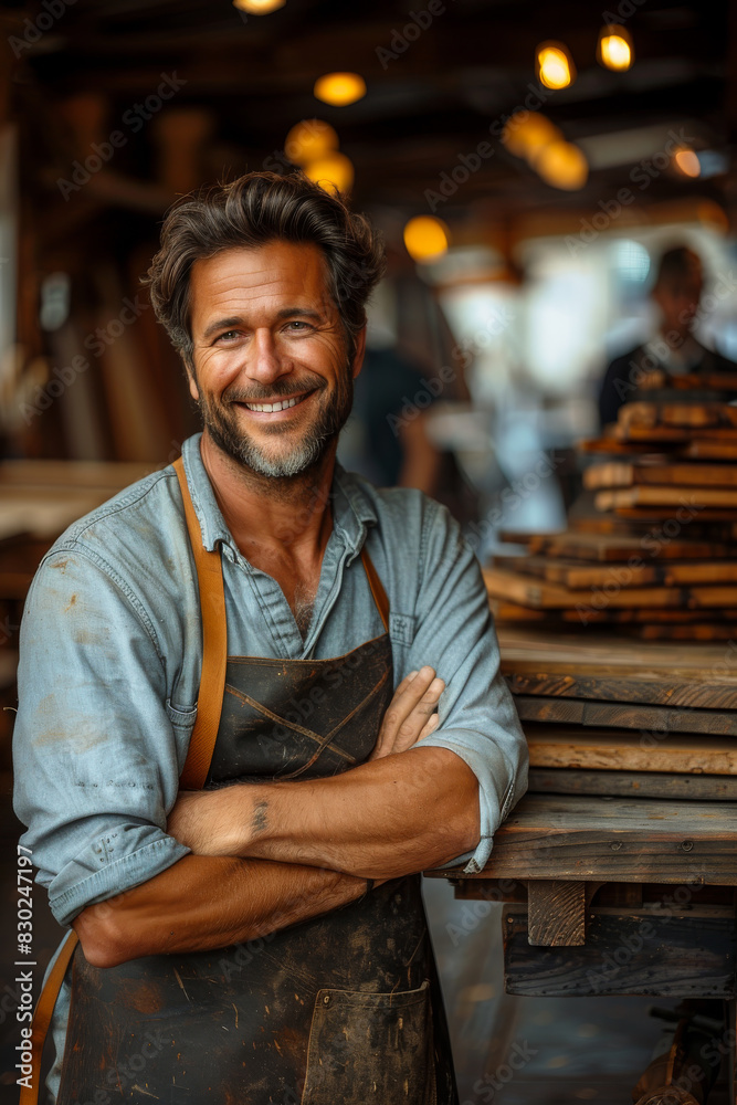 A man with a black apron and a smile on his face. He is standing in front of a wooden table