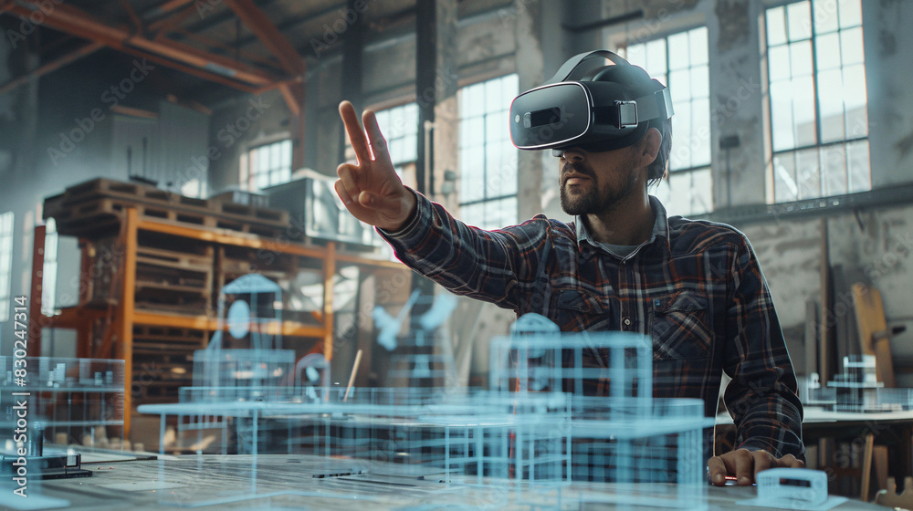 A man is wearing a virtual reality headset and is interacting with a city in a virtual environment. Concept of excitement and wonder as the man explores the digital world A man is wearing a virtual reality headset and is interacting with a city in a virtual environment. Concept of excitement and wonder as the man explores the digital world