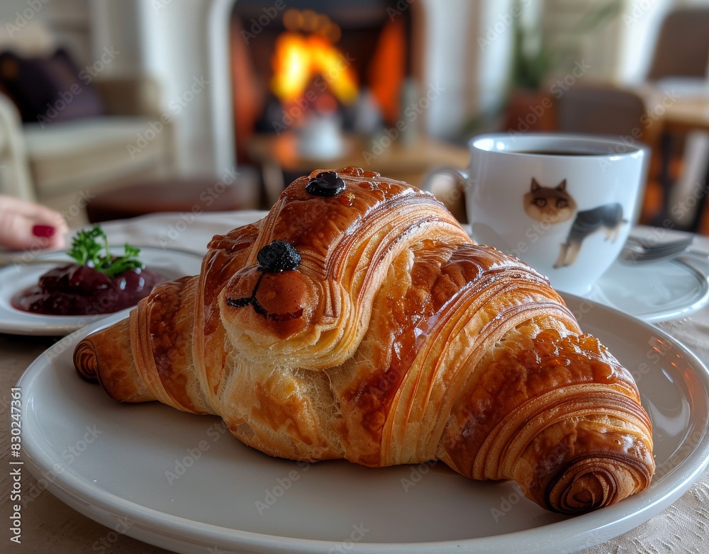 A croissant with a face drawn on it sits on a white plate next to a cup of coffee A croissant with a face drawn on it sits on a white plate next to a cup of coffee