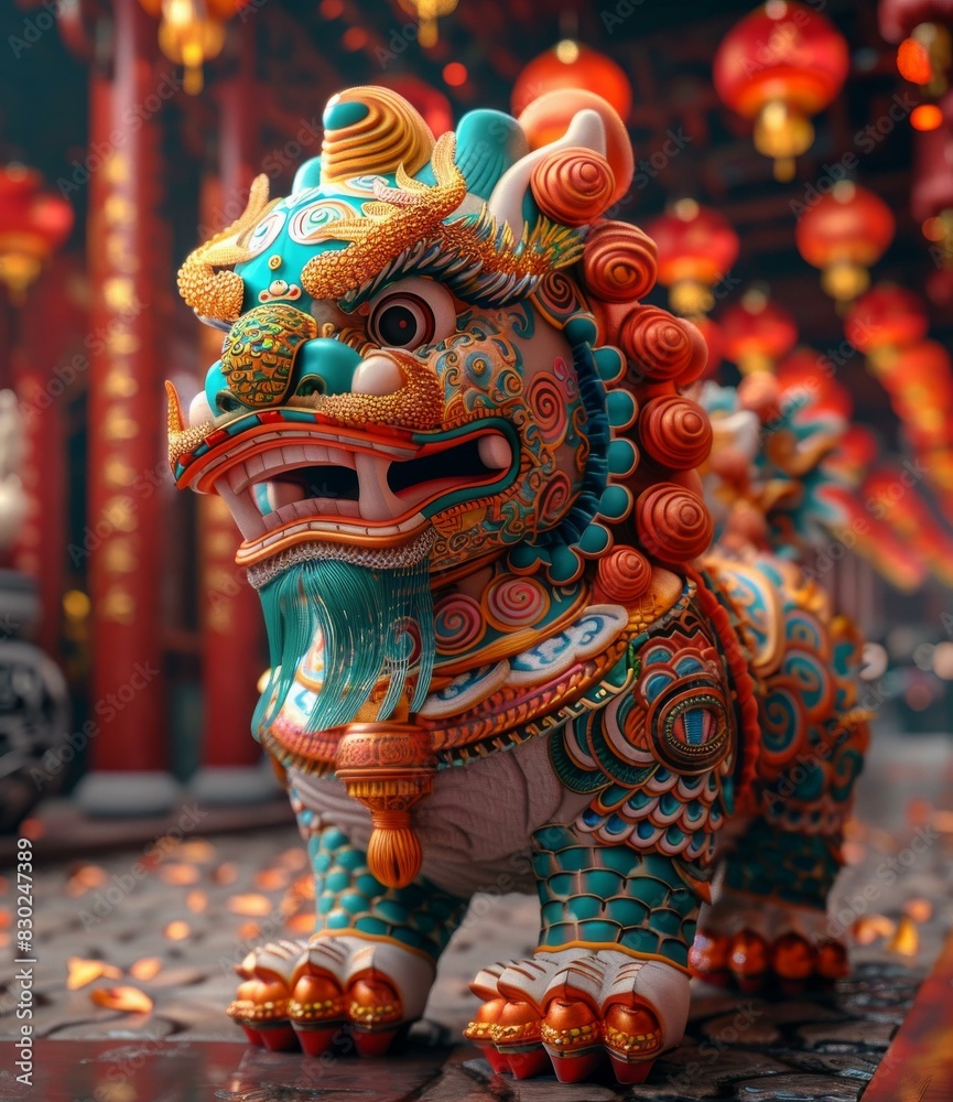 Splendid Chinese Lion Statue with Red Lanterns